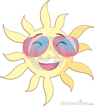 Summer sun with a smiling face wearing pink sunglasses Stock Photo