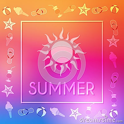 Summer with sun and summery symbols in frame Stock Photo