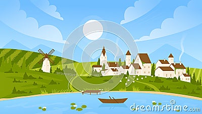 Summer sunny day landscape, countryside village scenery with farm houses, wind mill, lake Vector Illustration