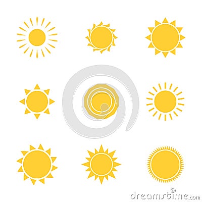 Summer sunny shape. Sun icon set. Star symbol. Sunbeam silhouette. Temperature logo. Sunlight symbol. Sunrise light Vector Illustration