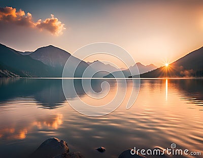 Summer sunrise on a beautiful lake with massive mountains Stock Photo