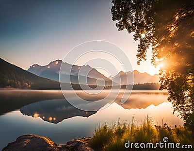 Summer sunrise on a beautiful lake with massive mountains Stock Photo