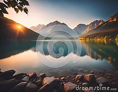 Summer sunrise on a beautiful lake with massive mountains Stock Photo