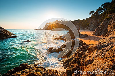 Costa Brava resort. Cala Boadella beach at sunrise Stock Photo