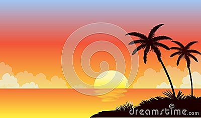 Summer sunset beach. Beach vector.Tropical beach. Vector Illustration