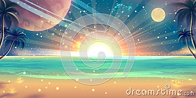 Summer sunset sea landscape with beach, golden sand, palm trees, fantasy planets, stars, moon, blue sky. Seascape illustration Vector Illustration