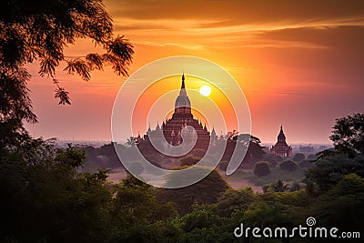 summer sunset, with view of the majestic pagoda against a vibrant pink sky Stock Photo