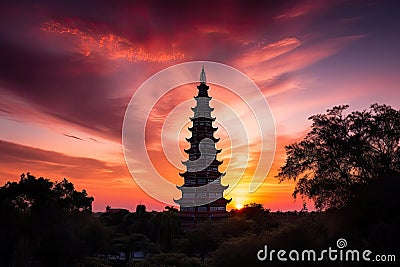 summer sunset, with view of the majestic pagoda against a vibrant pink sky Stock Photo