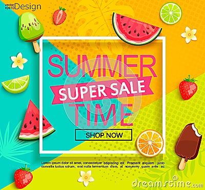 Summer super sale banner with fruits. Vector Illustration