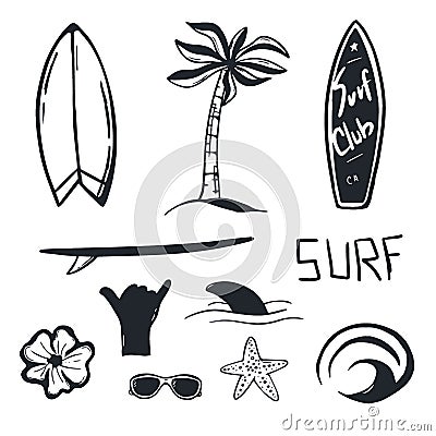 Summer Surf hand draw set with Surfboard, Wave, Palm tree and shark. Vector Illustration