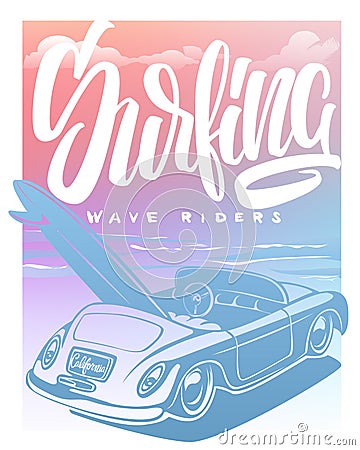 Summer Surf Print with car, Palm Trees and Lettering. Vector Illustartion Vector Illustration