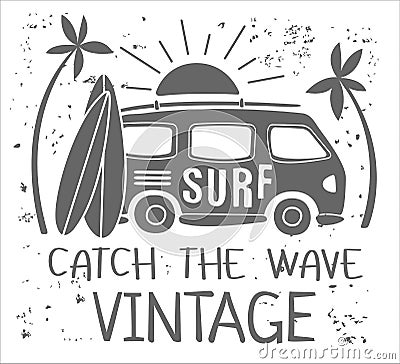 Summer Surf Print with a Mini Van, Palm Trees and Lettering. Vector Illustartion Vector Illustration