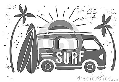 Summer Surf Print with a Mini Van, Palm Trees and Lettering. Vector Illustartion Vector Illustration