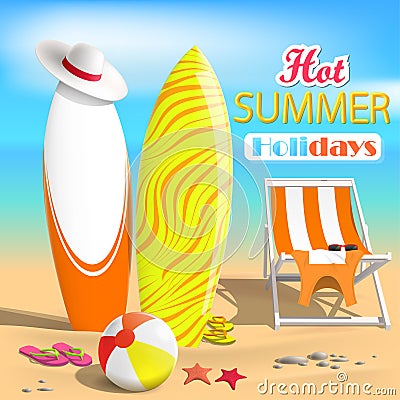 Summer. Surfboards and beach ball. Vector Illustration