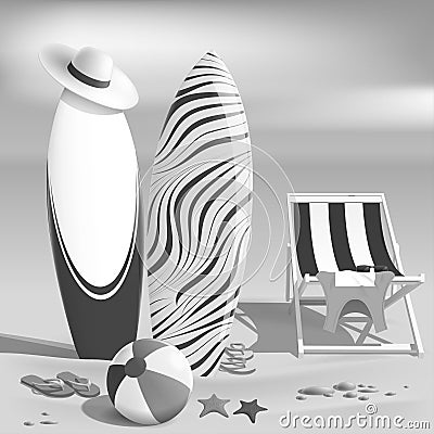 Summer. Surfboards and beach ball. Sea. Recliner Vector Illustration