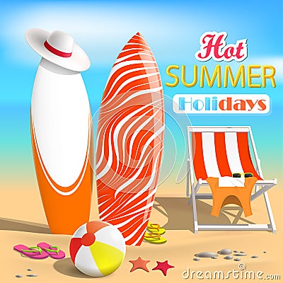Summer. Surfboards and beach ball. Sea. Recliner Stock Photo