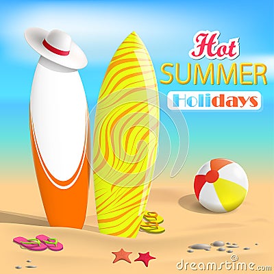 Summer. Surfboards and beach ball. Sea Stock Photo