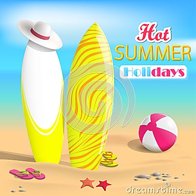 Summer. Surfboards and beach ball. Sea Vector Illustration