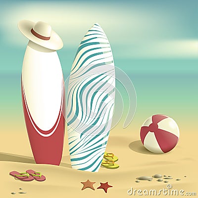 Summer. Surfboards and beach ball. Sea Vector Illustration