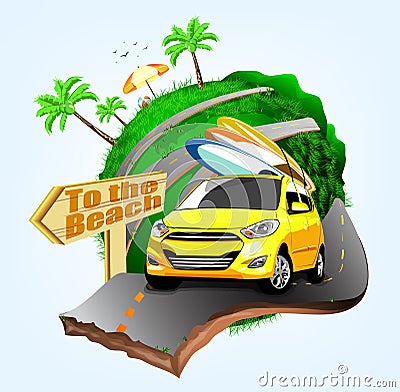 Summer Surfing Adventures Poster Design with Yellow Car Vector Illustration