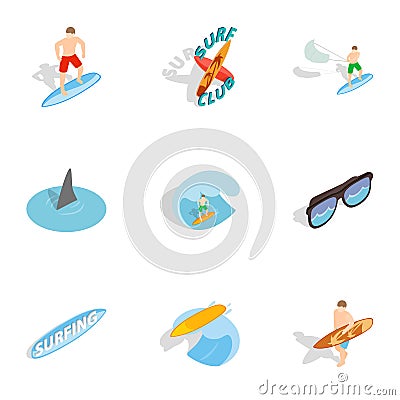 Summer surfing elements icons set Vector Illustration