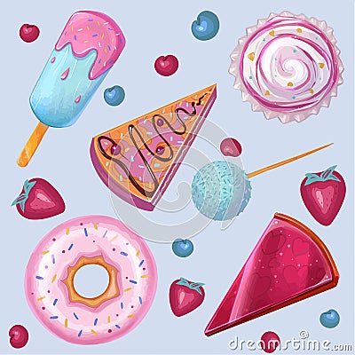 Summer, sweet food, Ice cream, donut. vector set Vector Illustration