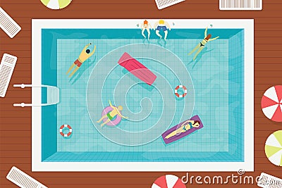 Summer swimming pool with people in water. Colorful summer holiday Vector Illustration