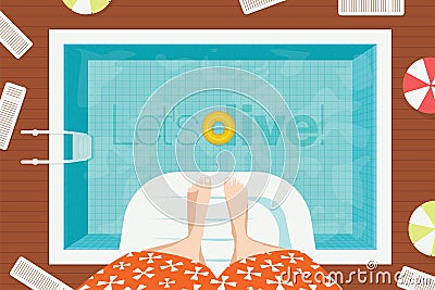 Summer swimming pool without people in water. Foot on the springboard for diving. Vector Illustration