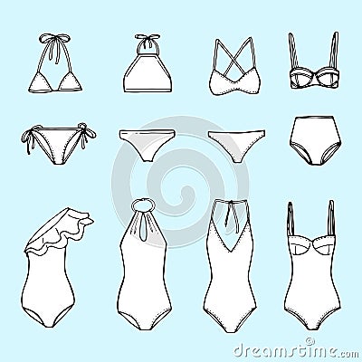 Summer swimming suits collection. Swimsuit sketch for summer vac Vector Illustration