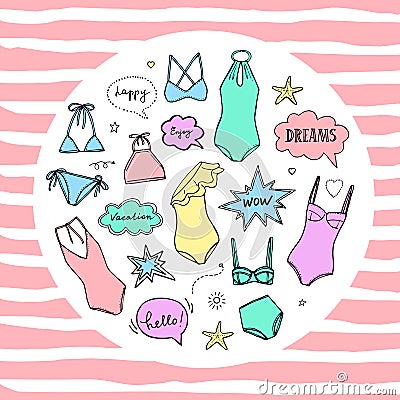 Summer swimming suits collection. Swimsuit sketch Vector Illustration