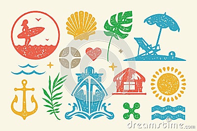 Summer symbols and objects set vector illustration. Tropical sunbed under umbrella and sun with sea ship Vector Illustration