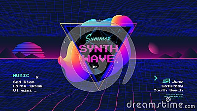Summer synth Retro wave poster with sunrise Vector Illustration