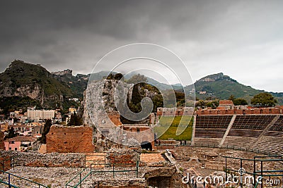 Summer in Taormina, Sicily. Panoramic view of architecture. Stock Photo