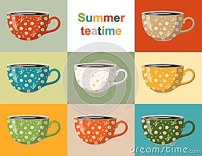 Summer teatime. Colorful collection of cups with floral pattern. Crockery design with beautiful white and yellow flowers Vector Illustration