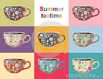 Summer teatime. Cute collection of cups with floral pattern. Crockery design with beautiful flowers Vector Illustration