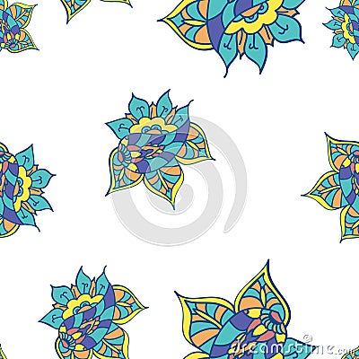 Summer template. Ethnic backdrop. Colorful floral elements. Indian paisley flowers. Vector Illustration