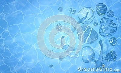 Summer. Texture of blue water surface. Underwater background with sketches of various fishes and stones. Flyer, booklet Vector Illustration