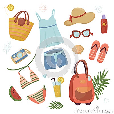 Summer Things. Set for travel and holidays. Beach collection - swimsuit, sunglasses, big summer hat, flip flops. Vector flat Vector Illustration