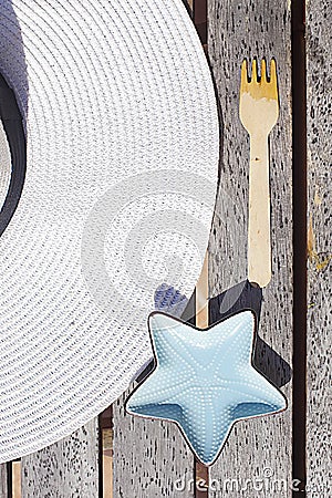 Summer things. White Hat and starfish Stock Photo