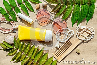 Summer things for women. Summer flatlay Stock Photo