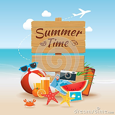 Summer time background banner design template and wooden sign se Vector Illustration