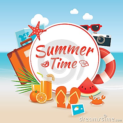 Summer time background banner design template and wooden sign se Vector Illustration