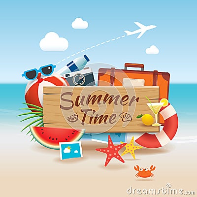 Summer time background banner design template and wooden sign se Vector Illustration