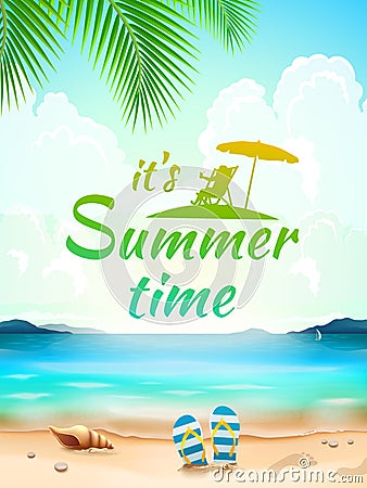 Summer Time on background seascape, beach, waves with realistic objects. Vector Illustration Vector Illustration