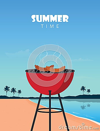 summer time barbeque grill on tropical palm beach Vector Illustration