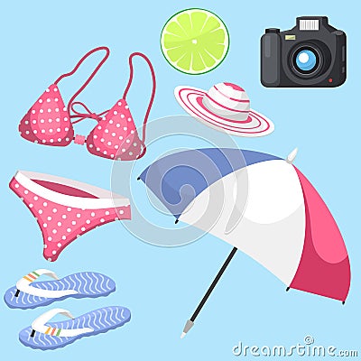 Summer time beach sea shore realistic accessory vector illustration sunshine travel Vector Illustration