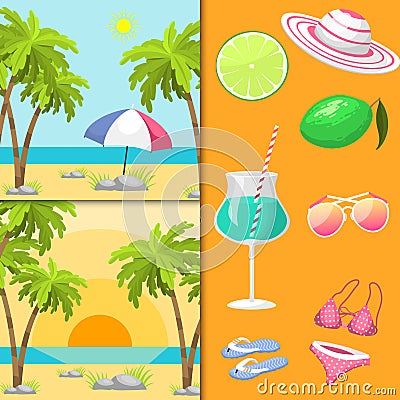 Summer time beach sea shore realistic accessory vector illustration sunshine travel Vector Illustration