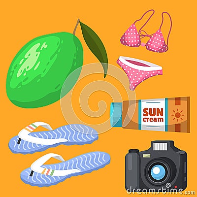 Summer time beach sea shore realistic accessory vector illustration sunshine travel Vector Illustration