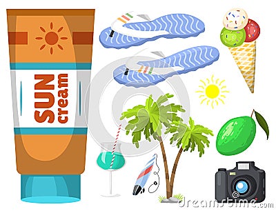 Summer time beach sea shore realistic accessory vector illustration sunshine travel Vector Illustration