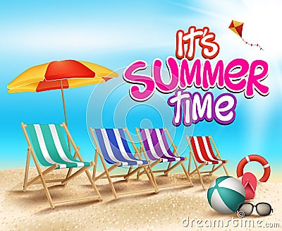 Summer Time in Beach Sea Shore with Realistic Objects Vector Illustration